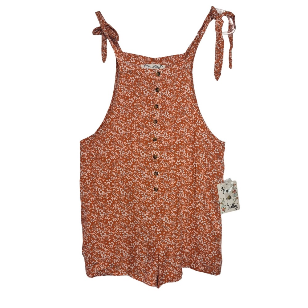 Vine and Valley Womens Floral‎ Romper Burnt Orange Tie Strap Button Front Small